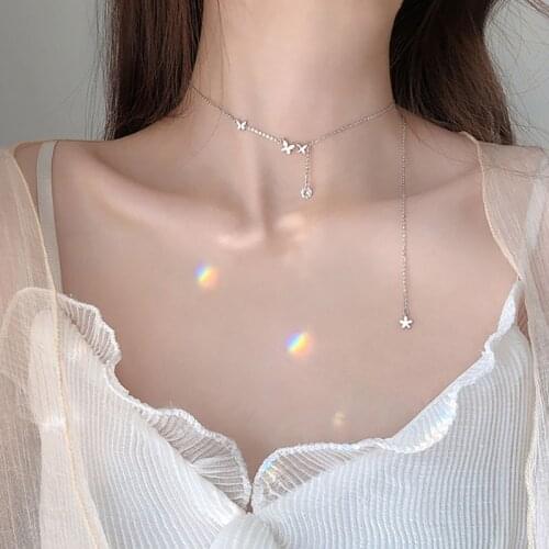 Foxanry 925 Sterling Silver Charm Chain Necklace for Women New Fashion Shiny Butterfly Pendant Clavicle Chain Bride Jewelry Gift