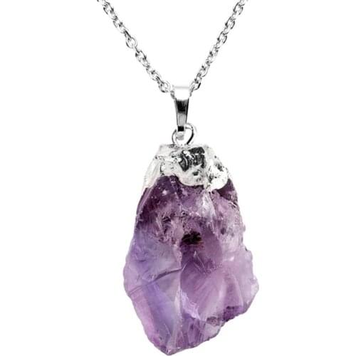 FYSL Silver Plated Irregular Shape Natural Amethysts Stone Pendant Link Chain Necklace Clear Quartz Jewelry