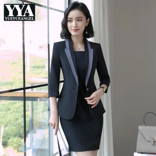 Hot Sale Korean Slim Fit Half Sleeve Blazer Coat Sleeveless Dress 2 Pieces Suits Set Business Office Lady Suits Plus Size S-4XL