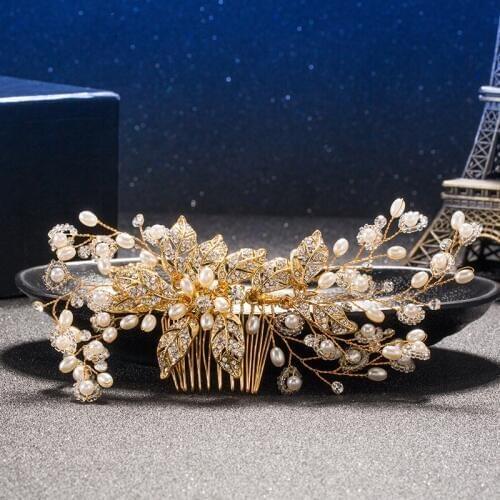 Exquisite Gold Flower Hair Combs For Bride Rhinestones Pearl Wedding Headdress Hair Jewelry Crystal Hair Accessories Trombone