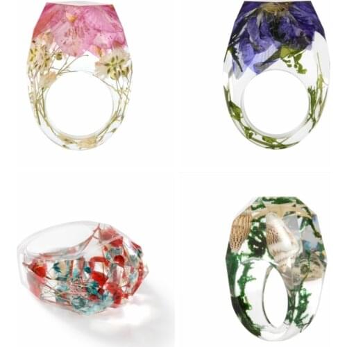 New Transparent Forest Handmade Dried Flower Resin Ring Colorful Ink Pattern Scenery for Women Fashion Jewelry Ring