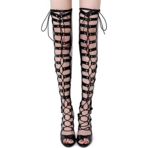 Fashion woman thigh high lace up high heel sandal boots hollow Rome style gladiator lace up thigh high sandal boots plus size43