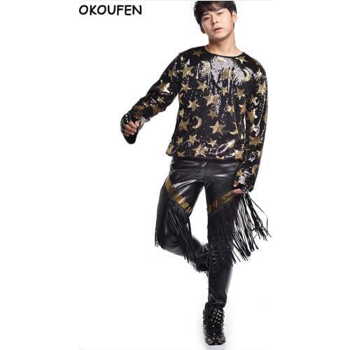Personality Man Rock Long Sleeve Sequin T-Shirt Concert Pop Dance Costume Nightclub Male Singer DJ Stage dance wear