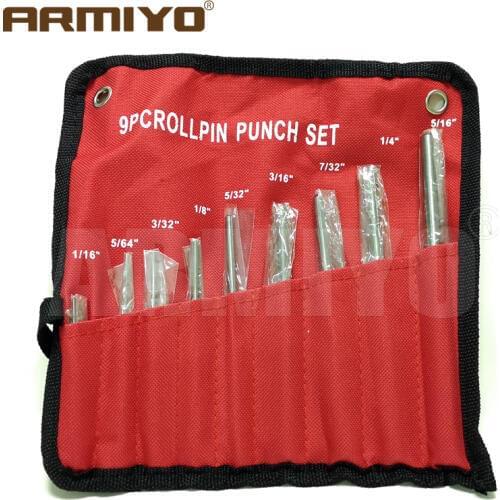 Armiyo 9pcs/set Roll Pin Punch Set 1/16" to 5/16" Professional Hardened Steel Gun Bolt Catch Rolling Up Tool Hunt Accessories