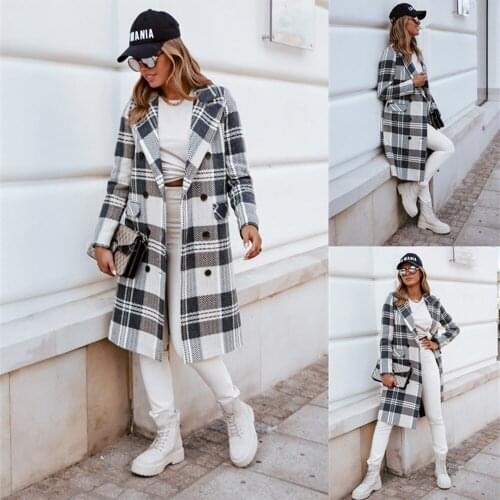 New Womens Autumn And Winter Woolen Coat Loose Plaid Long Woolen Coat For Women Fashion Lapel Loose Womens Casual Coat