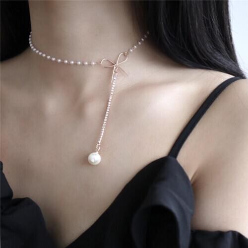 Bow necklace Pearl necklace Zircon Pearl Pendant Fashion Creative Pearl Pendant Necklace for Women Jewelry Choker Necklace