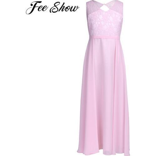 Girls Dress Chiffon Lace Cutout Back Princess Kid Girl Dress Pageant Wedding Bridesmaid Birthday party Teen Girls summer Dress