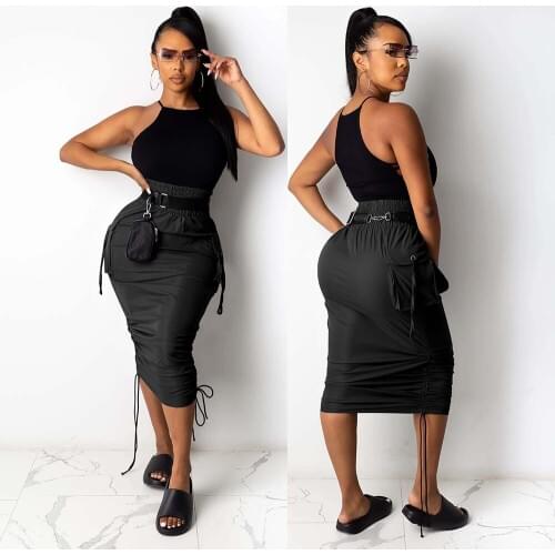 Casual Bandage Long Skirt with Pockets Women Bottom Drawstring Bud Maxi Skirt White Summer Lightweight Sexy Skirt Streetwear