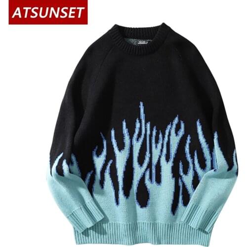 ATSUNSET Flame Print Simplicity Sweater Hip Hop Streetwear Vintage Style Harajuku Knitting Pullover Tops