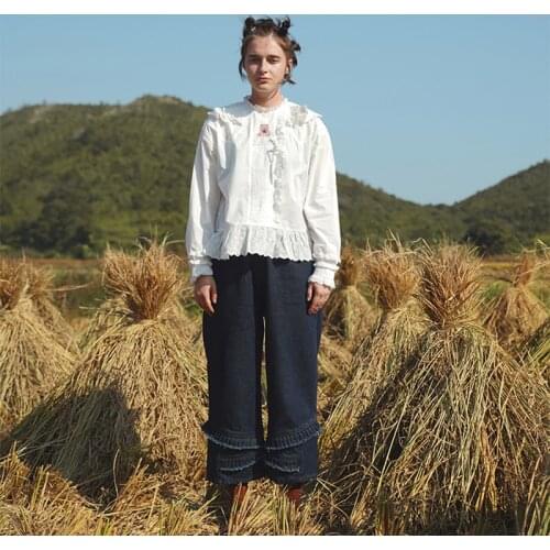 Bebobsons Womens Casual Shirt Preppy Style Bear Embroidery Bottoming Shirt White Lace Navy Collar Long-sleeved Shirt Top