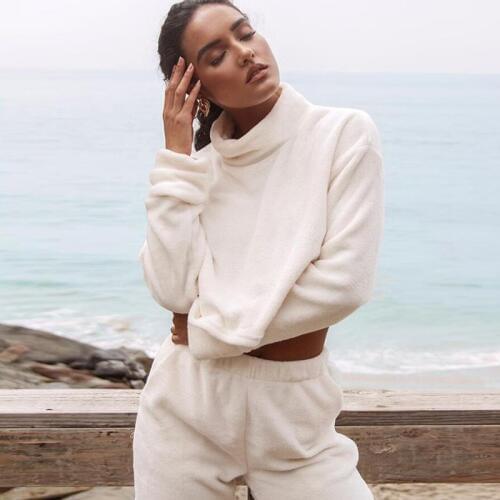 Velvet Tracksuit Women Two Piece Sets Turtleneck Long Sleeve Crop Top+Long Pant Suit Casual Matching Outfit Plus Size XXL