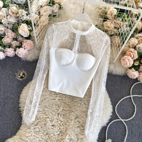 Autumn New Style Lace Hollow Top Womens Round Neck Hanging Neck Net Yarn Chain Link Stitching Long-sleeved Short Top UK317