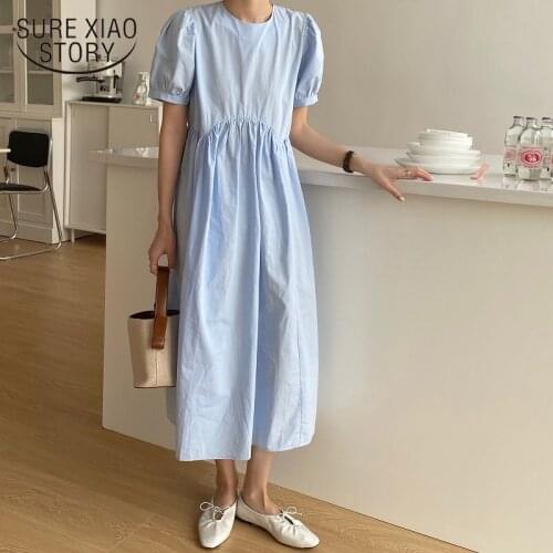 Vintage Lantern Sleeve Irregular Pleated High Quality Robe 2021 New Casual Summer Solid Women All Match Stylish Long Dress 14512