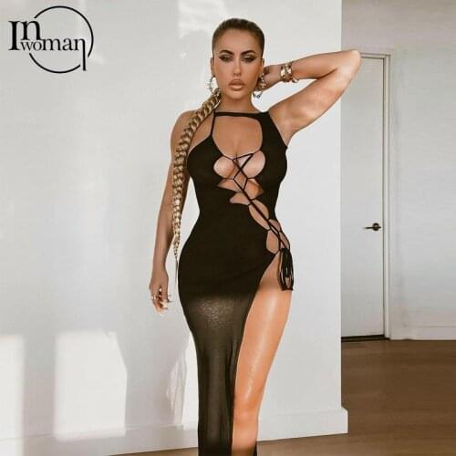 INWOMAN Autumn Sexy Black Dresses For Women 2021 Sleeveless Backless Bodycon Dress Female Hollow Out Clubwear Party Maxi Dress