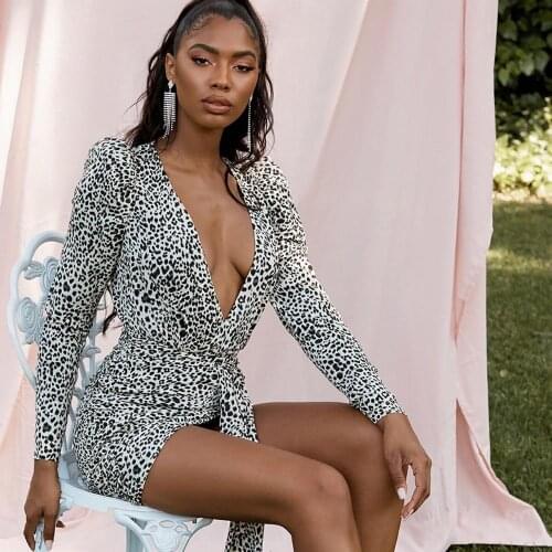 SEXYBOUTIQUE New women dress summer sexy bodycon V neck Leopard dress elegant club celebrity party Mini dresses Vestidos