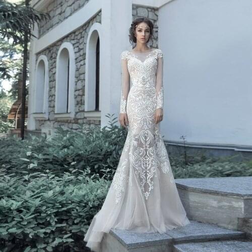 Vestido De Novia Long Sleeve Mermaid Wedding Dresses Backless Robe De Mariage Simple Sukienka Pearls Appliques Hochzeitskleid