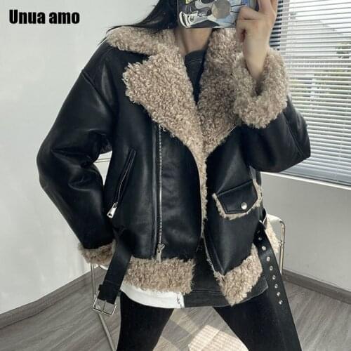 Unua amo Black PU Leather Winter Plush Coat Women Thick Imitation Fur Lambswool Jackets Female Warm Motorcycle Outwear Top