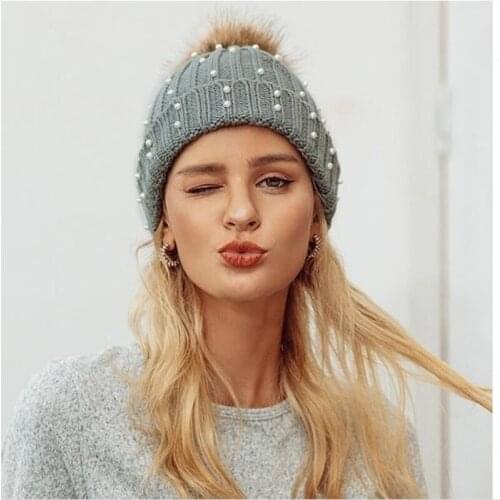 Pearl Fur Pom Winter Warm Knitted Hats Women Girls Skullies Beanie Hat Bonnet Fashion Femme Cap gorras de invierno para mujer