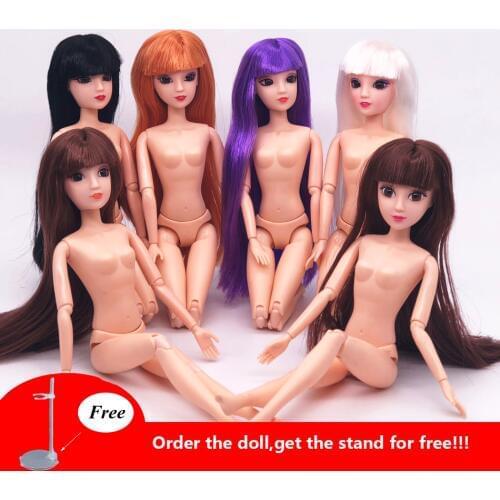 Get Stand Free!3D Eyes Nude Naked 30cm doll /12 Joint Moveable / Cosplay Stright Bangs Hair Doll & Body For 1/6 Doll Baby Toy