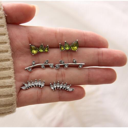 6 Pcs/Set Female Earrings Punk Drop-shaped Leaves Crystal Silver Color Earring Set Ladies Personality Prom Party Clothing