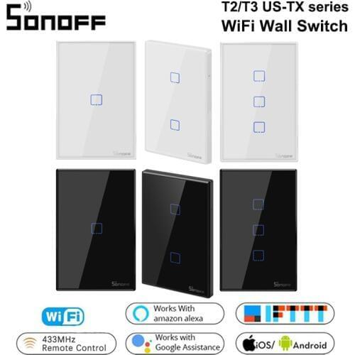 SONOFF T2/T3 US TX Black 1/2/3Gang RF 433Mhz Remote Control Wireless Wifi Touch Wall Light Switch Smart Switch Google Home Alexa