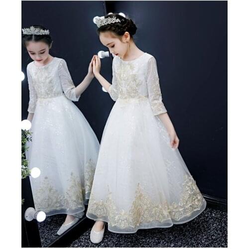 Spring Autumn Wedding Ceremony Dress Gold Embriodery Baby Girl Dress Childrens Elegant Dresses Formal Sweet Princess Dress Girl