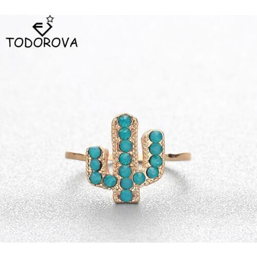 Todorova Bohemia Cactus Adjustable Rings for Women Beach Cocktail Party BFF Jewelry Mom Gifts Green Stone Plant Finger Ring Anel