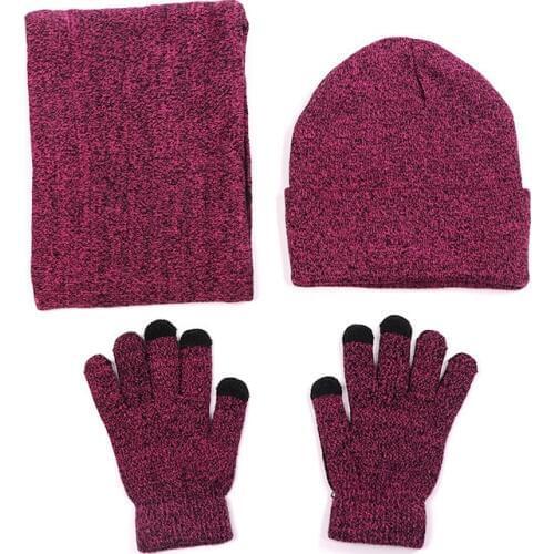 Fleece Lined Warm Winter Knitted Men Women Hat Gloves Set Ring Scarf Grey Wine Red