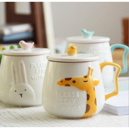 Creative and lovely cartoon relief ceramic mug with three-dimensional cover personality office cup coffee juice cup