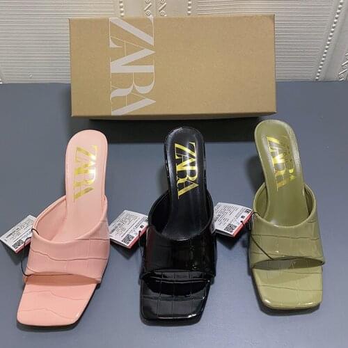 Summer New Womens High Heel Slippers Square Toe Mid Heel Patent Leather Stone Pattern Back Empty Sandals For Women