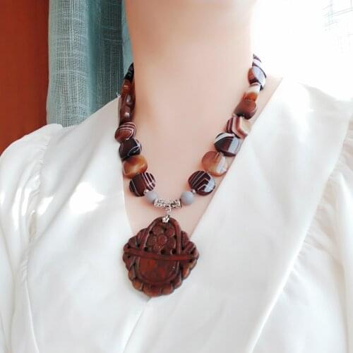 Lii Ji Real Stone Necklace 51cm Brown Agate Crystal 925 Sterling Silver Jade Pendant Necklace Women Jewelry