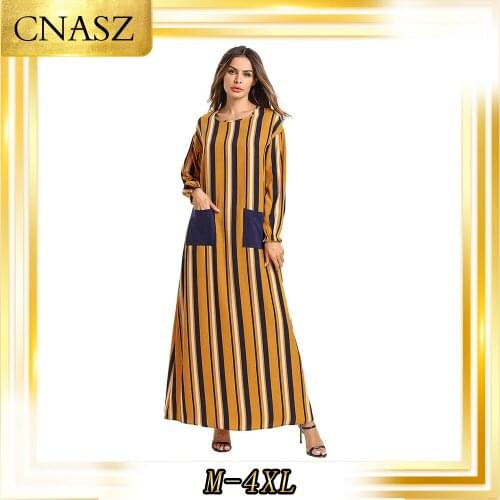 Moroccan Kaftan Simple Fashion Muslim Dresses Large Size Long Sleeve Striped Muslim Autumn Loose Long Skirt