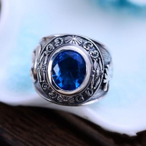 100%s925 s925 Sterling Silver Thai Silver Synthetic Blue Crystal Eagle Spread Wings Mens Ring