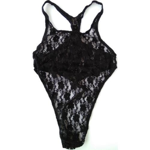 Mens bodysuit underwear lace sexy transparent frog racer neck thong leotard