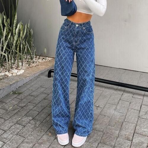 2021 New Arrival Women Pants Leg Plaid Jeans Diamond Pattern High Waist Pants Spring And Autumn Skinny Jeans Blue S/M/L