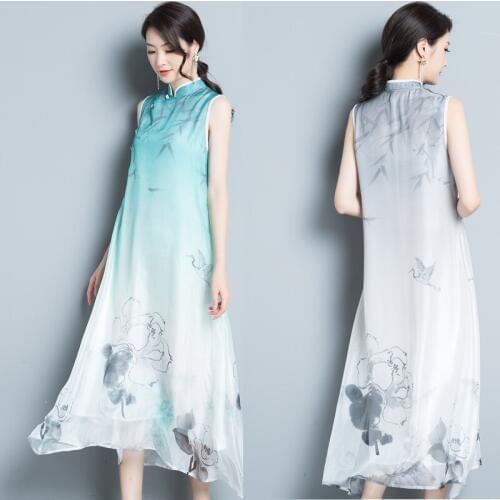 Dresses Summer 2019 Modern Chinese Dress Cheongsam Qipao Mandarin Collar Meditation Robe Vintage Femme Dai Vietnam Dress TA1673