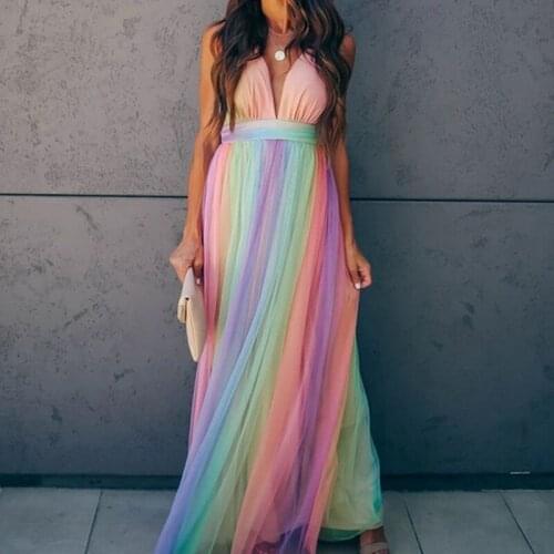 Pleated Off Shoulder Mesh Womens Slip Dress Deep V-neck Rainbow Colors Ankle-length Female Dresses Sexy Party Ladies Clothes