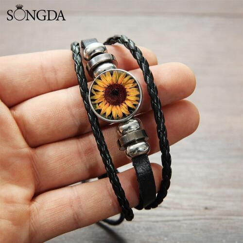 Sunflower Glass Art Snap Button Charm Bracelet Handmade DIY Beaded Multi-layer Leather Bracelets & Bangles Gift for Women