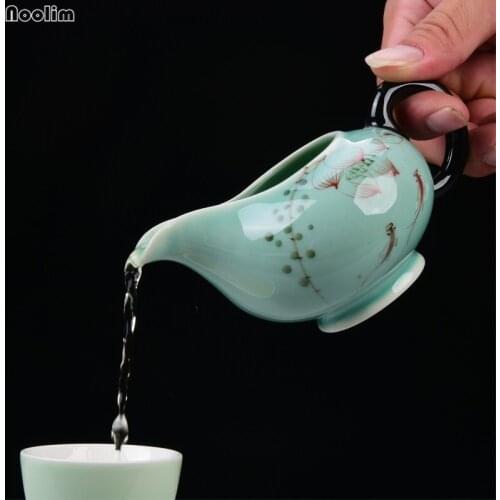 NOOLIM Kung Fu Tea Set Accessories Household Portable Longquan Celadon Hand Painted Lotus Ceramic Teapot with Handle