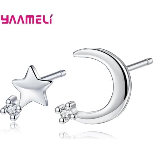 Simple Pin Stud Earrings Fine 925 Sterling Silver Solid S925 Silver Moon/Star Statement Jewelry for Women Girl Party Accessories