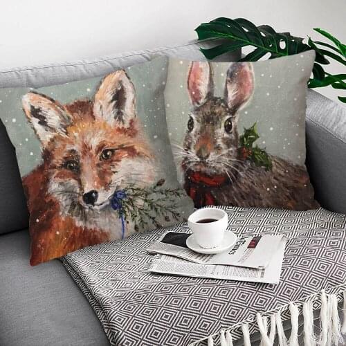 Christmas Festival Cushion Cover Stug Fox Sheep Rooster Rabbit Animals Hand Painting Decorative Pillow Case Sofa Bedroom