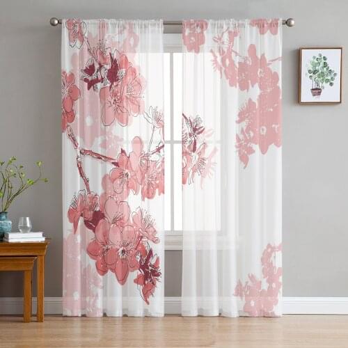 Japan Cherry Blossom Pink Voile Curtains for Living Room Window Treatment Sheer Curtains for Bedroom Kitchen Drapes