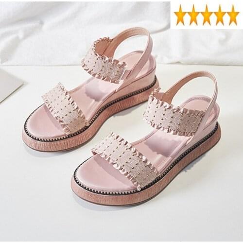 Wedges Women 2021 Summer New Ruffles Rivets Elegant Ladies Thick Platform Sandals Comfortable Slip On Loafers Shoes