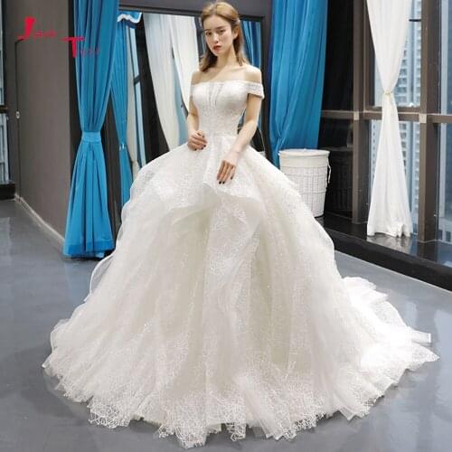 Vestido De Noiva Princesa Boat Neck Short Sleeve Beading Pearls Lace Ball Gown Wedding Dress Trouwjurken