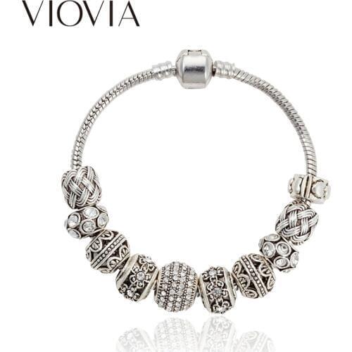 VIOVIA Fine Beads Jewelry Silver Color Charm Flower Bead Bracelet for Women Original DIY Bracelet& Bangles B15371
