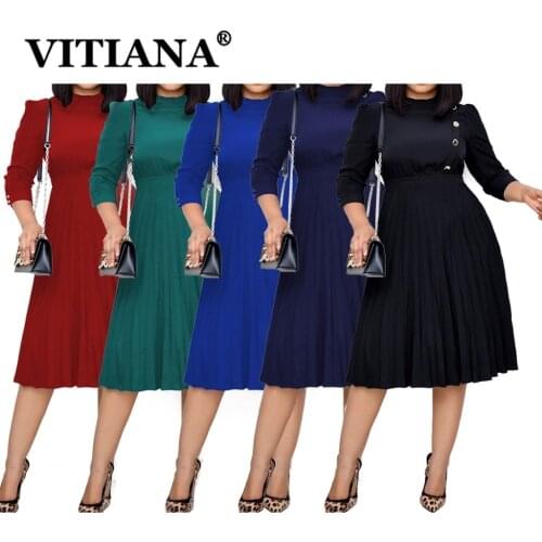 VITIANA Women Office Lady Pleated Dress Spring 2021 Female Black OL Work Midi Dresses Femme Plus Size A-Line Wine Red Vestidos
