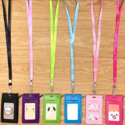 Pu Leather Id Holders Case PU Business Badge Card Holder with Necklace Lanyard Student Coin Purse Zipper Bag