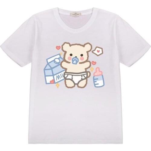 Japanese Soft Girl Cute Baby Bottle Bear Short Sleeve T Shirt Tee Student Harajuku Loose Kawaii Ulzzang Cotton T-shirt Tops