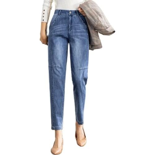 YUYE Womens Harem Jeans Loose-fit Capri Denim Pants Large Size Mid-Waist New Pattern Blue Washed Feet Haroun Jeans For Spring