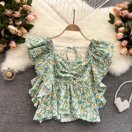 Summer new sweet floral tops for women V-neck ruffle all-match tops women Feifei sleeve temperament commuting crop top women2021